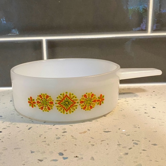 Glasbake Other - Vintage Glasbake yellow, green & orange flower milk glass dish with handle - EUC